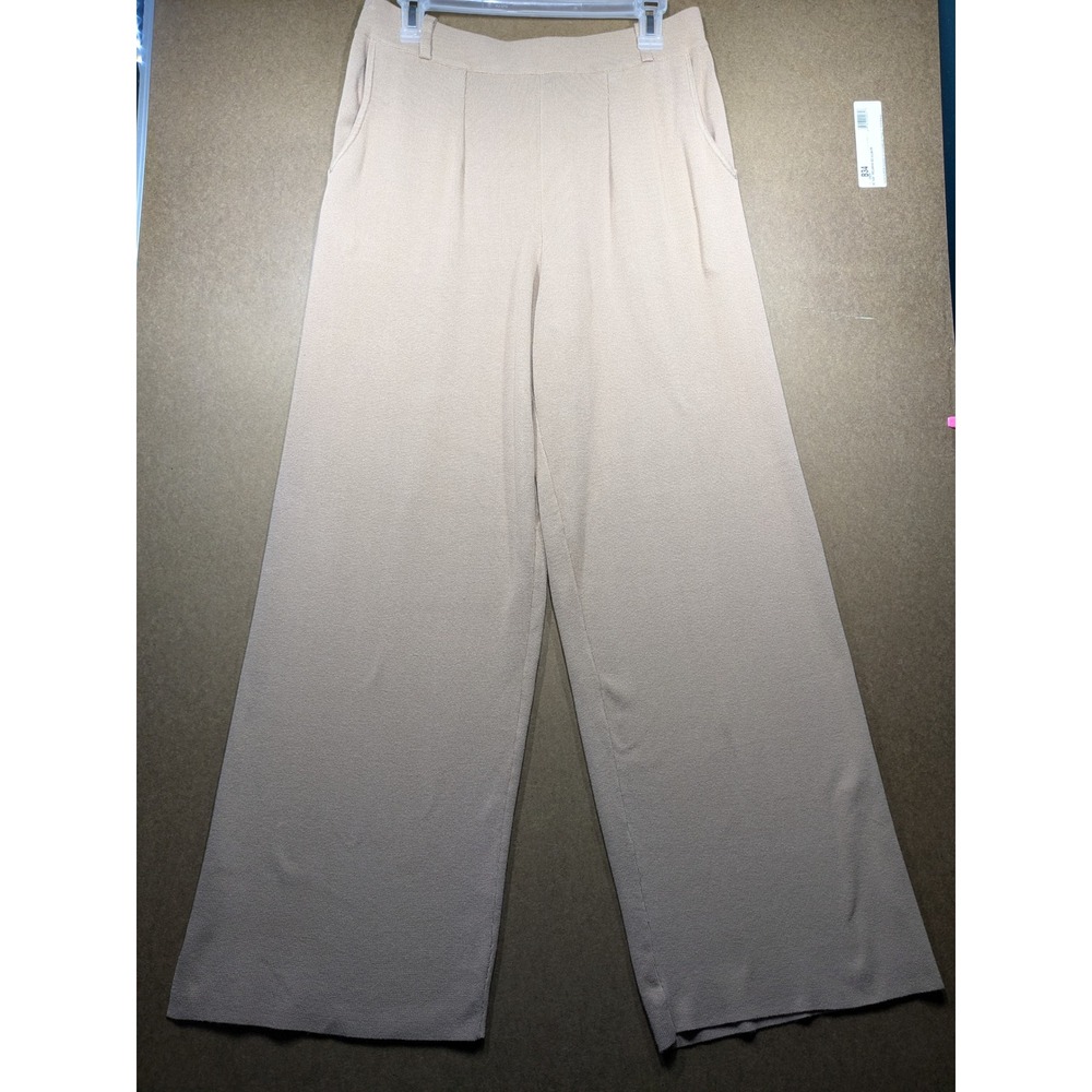 Flat White Anthropologie Khaki Wide Leg Knit Pants Pleated Side Slit M NEW